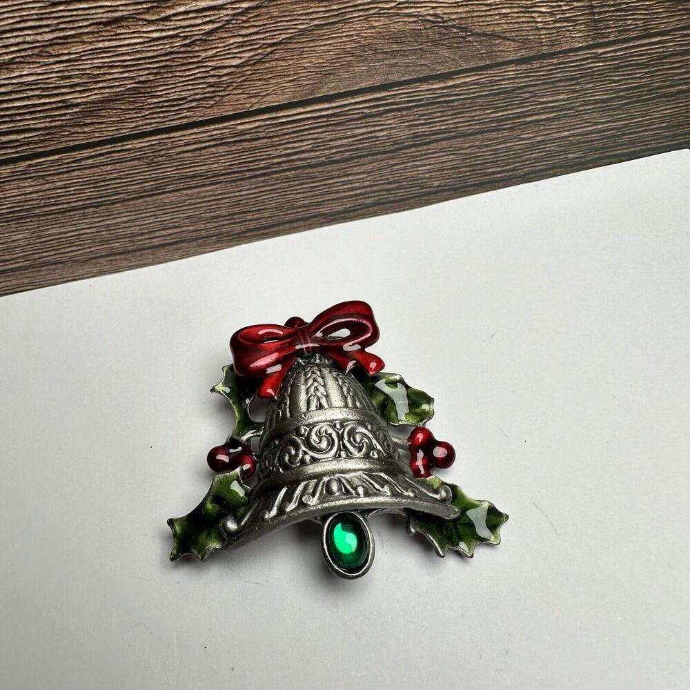 Christmas Bells With Holly Green Enamel & Rhinestone Silver Tone Brooch Pin